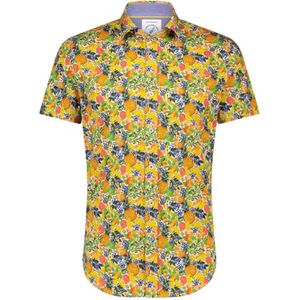 A Fish Named Fred casual overhemd korte mouw geel geprint katoen-stretch slim fit