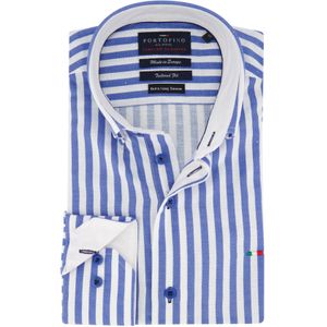 Portofino casual overhemd linnen mouwlengte 7 normale fit blauw wit gestreept
