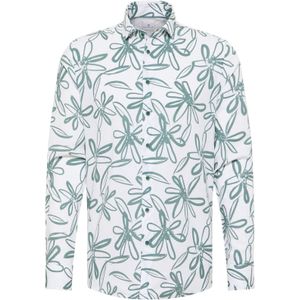 Blue Industry casual overhemd wit en blauw bloemen print linnen slim fit