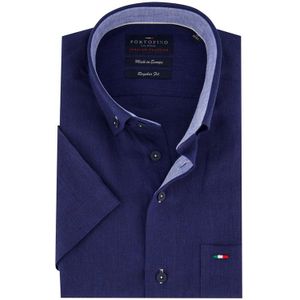 Portofino casual overhemd korte mouw regular fit donkerblauw effen logo op borstzak linnen