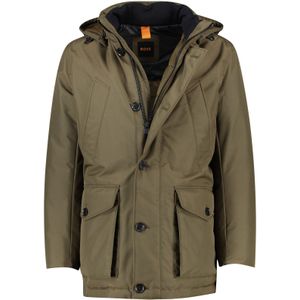 Hugo Boss winterjas groen effen rits + knoop normale fit afneembare capuchon