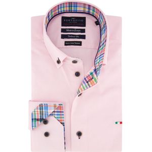 Portofino casual overhemd mouwlengte 7 tailord fit roze effen katoen