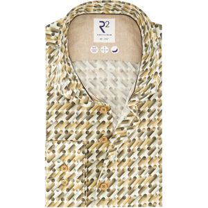 R2 casual overhemd bruin geprint katoen slim fit cutaway boord