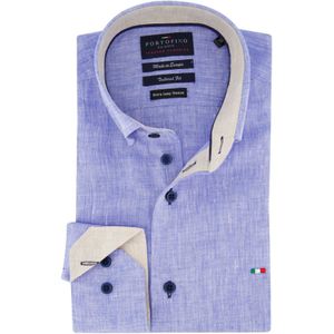 Linnen Portofino overhemd mouwlengte 7 normale fit blauw effen