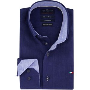 Portofino casual overhemd normale fit donkerblauw effen linnen mouwlengte 7