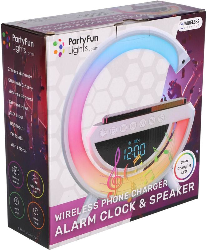 PartyFunLights digitale wekker draadloos opladen met speaker - Bluetooth Speaker - Digitale wekker - White noise