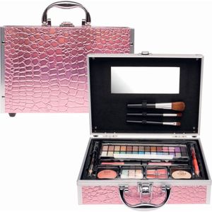 Casuelle - Make-up Koffer - Roze Krokodilprint - 46 Delig - Inclusief 28 Oogschaduw Kleuren