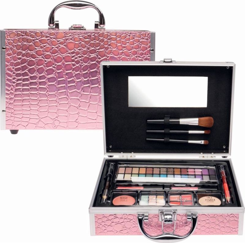 Casuelle - Make-up Koffer - Roze Krokodilprint - 46 Delig - Inclusief 28 Oogschaduw Kleuren