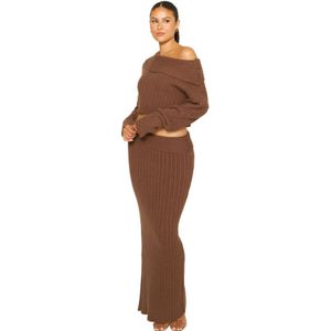 Knitted Off-Shoulder Co-Ord - Brown M/L