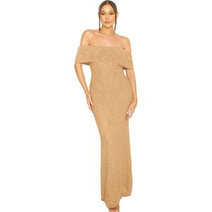 Knitted Off-Shoulder Maxi Dress - Beige XS/S