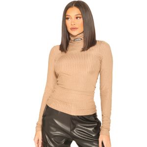 Ribbed Logo Turtle Neck Top - Beige XS