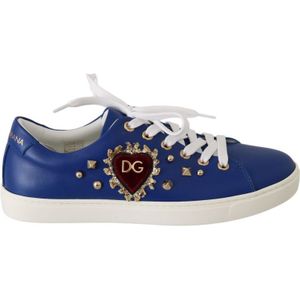 Dolce & Gabbana Dames Blauw Leer Goud Rood Hart Schoenen Sneakers - Maat 35