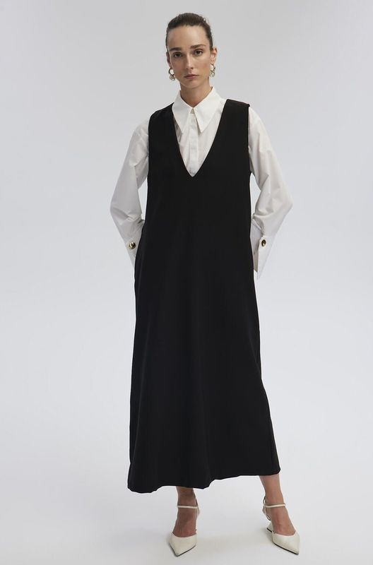 Touche Prive - Jurk - Zwart/Wit - A-lijn - Mouwloos - V-hals