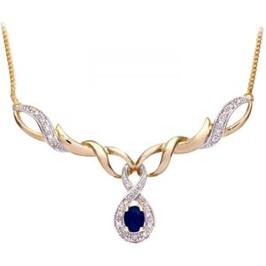 9ct geelgouden damesketting met diamanten en saffier