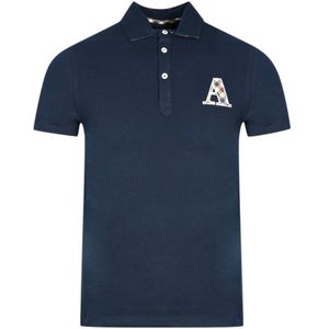 Aquascutum Geruit Marineblauw Poloshirt Met Logo - Maat M