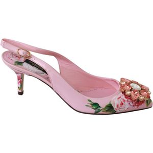 Dolce & Gabbana Dames Roze Leer Rozen Kristallen Slingback Schoenen - Maat 35