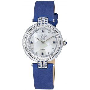 GV2 Matera Dames Zwitsers quartz wit parelmoer wijzerplaat blauw suède band diamanten horloge