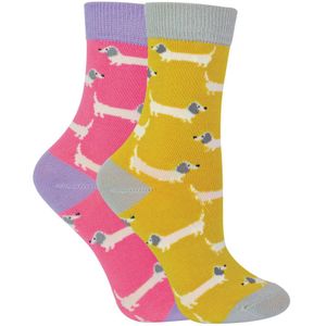 Set van 2 sokken met dierenprint voor meisjes | Miss Sparrow | Casual grappig patroon crew bamboe sokken | Grappige nieuwe sokken voor kinderen - Worsthonden
