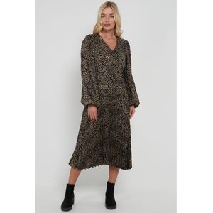 Zwarte Geplooide Midi-jurk Met Lange Pofmouwen En Print - Maat 42