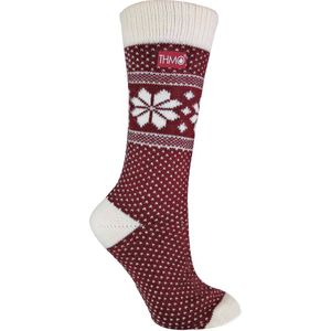 THMO - Vintage Damessokken Van Thermo Wolmix - Fairisle Rood / Crème - Maat 37-39.5