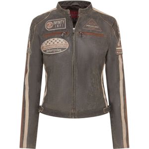 Dames - Vintage - Bruine Leren Biker Jas - Agadir - Met Racestrepen en Badges