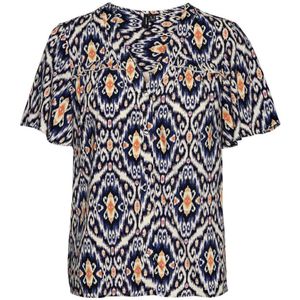 VERO MODA CURVE Top VMSIFA Met All Over Print En Ruches Donkerblauw/ Oranje - Maat 6XL