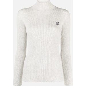 Dames Maison Kitsune Tonale vossenkop patch fijn geribde coltrui in Off-White