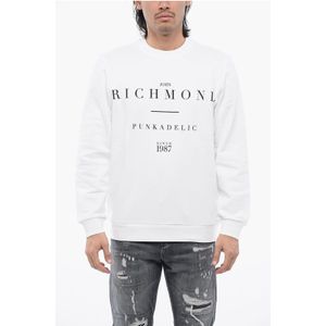 Geborsteld katoenen sweatshirt met ronde hals en logoprint in het wit