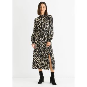 Zwarte Dierenprint Hoge Hals Satijnen Midi Jurk