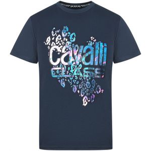 Cavalli Class Bold Leopard Print Logo Navy T-Shirt