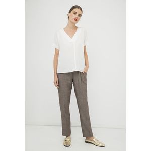 Crème - V Hals Top - Zomertop - 100% Tencel - Metallic Motief
