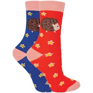 Set van 2 sokken met dierenprint voor meisjes | Miss Sparrow | Casual grappig patroon crew bamboe sokken | Grappige nieuwe sokken voor kinderen - Egels