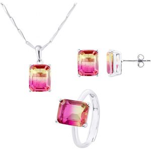 Ketting set, oorbellen en verstelbare ring tweekleurige kristallen roze geel 925 - Anais