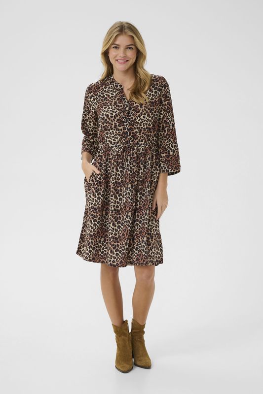 Blousejurk - Beige - Dierenprint - V-hals - Knielengte - Driekwart Mouw