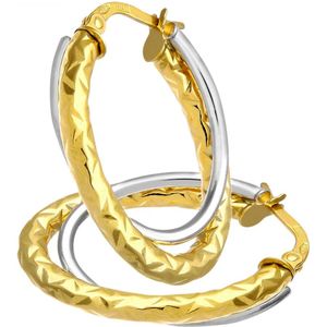9ct geel- en witgouden diamantgeslepen crossover ovale hoepeloorbellen