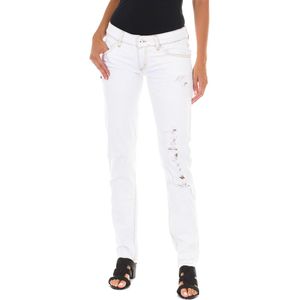 Lange denim broek met gescheurd effect en smalle zomen E014152 vrouw
