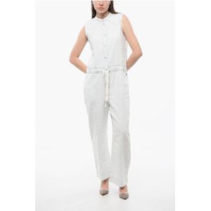 Mouwloze denim jumpsuit met trekkoord in de taille in wit