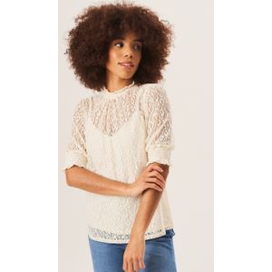 Losvallende blouse met hoge hals en kant