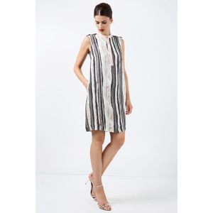 Jurken - Gestreepte Rechte Jurk - Mouwloos - Roze Kraag - Knoopdetail