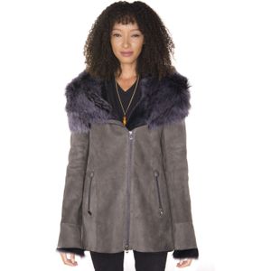 Grijze suède merino schapenvachtjas met capuchon voor dames-Monrovia