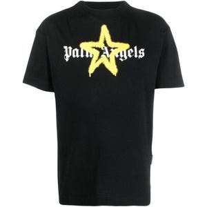 Palm Angel Yellow Star Sprayed T-shirt met logoprint in zwart