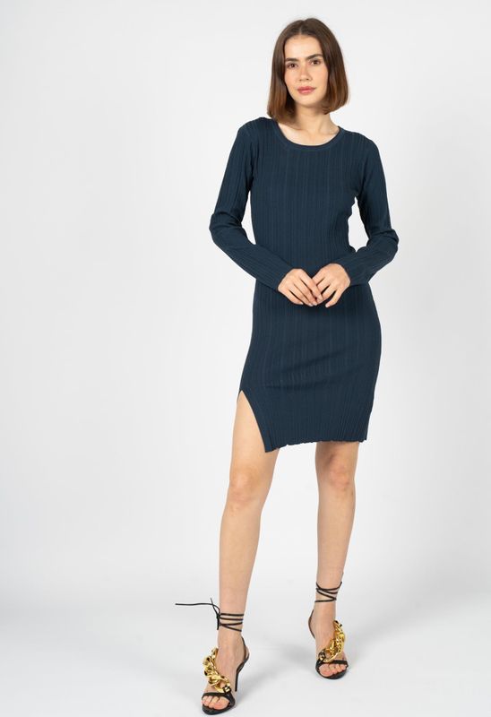 Silvian Heach - Midi Jurk - Blauw - Viscose - Lange Mouwen - Aansluitend Silhouet