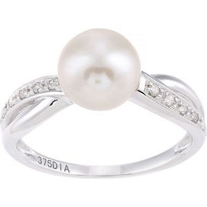 9 ct witgoud, 0,05 ct diamanten met witte gekweekte parelring