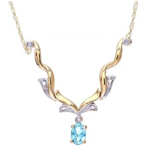 9ct geelgouden damesketting met diamant en blauwe topaas