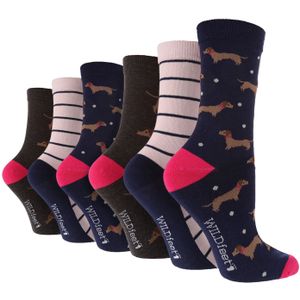 Wildfeet - 6 Paar Multipack Dames Crew Sokken - Leuke Dierenpatroon Sokken - Dashchchund