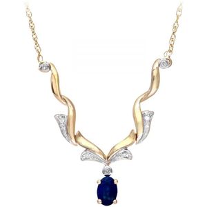 9ct geelgouden damesketting met diamanten en saffier