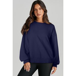 Azura Exchange Navy Blue Effen O-Hals Hoog Laag Hem Pullover Sweatshirt