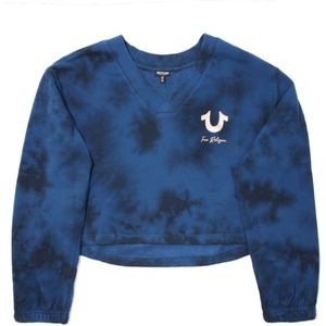 True Religion kort sweatshirt met V-hals en folielogo voor dames, blauw