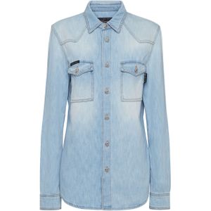 Philipp Plein - Denim Shirt Crystal Skull - Blauw - Blouses