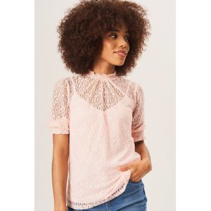 Losvallende blouse met hoge hals en kant